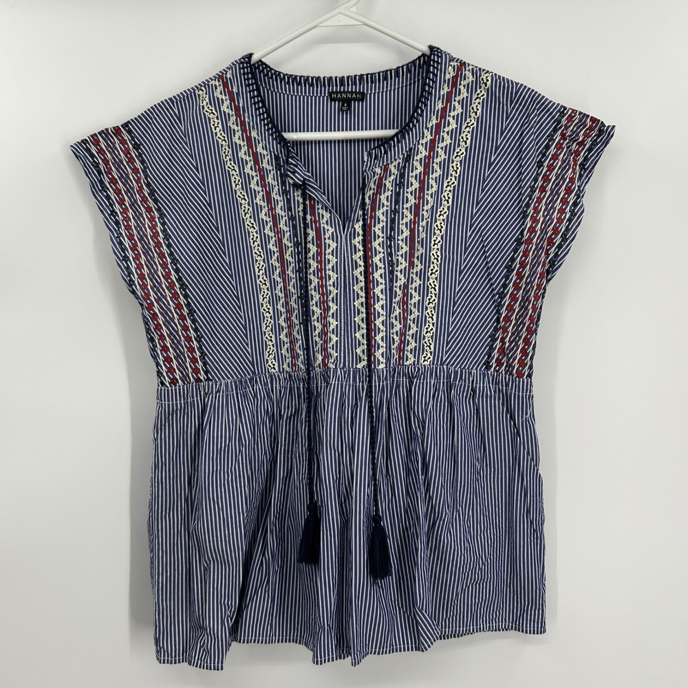 Hannah Women Blue White Striped Embroidered Boho Peplum Blouse Tassel Nautical S
